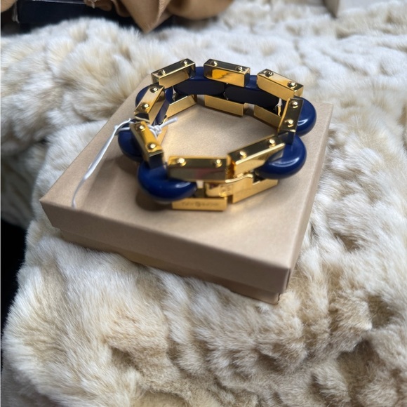 Tory Burch Chunky Gold and Blue Chain Bracelet - Picture 1 of 10